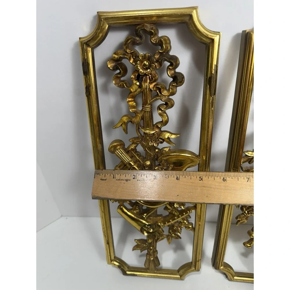 2 Syroco Homco Gold Musical Instrument Wall Plaques 4863A 1964 Vintage Mid Mod